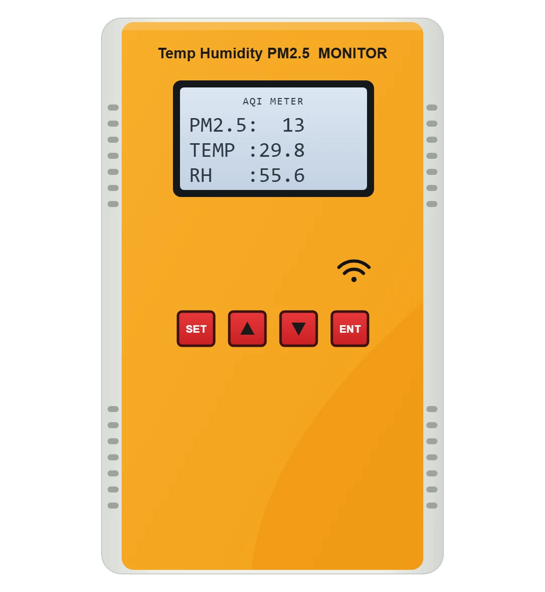 The AirDoot IoT sensor: an orange temperature, humidity and PM2.5 monitor with a backlit screen, Wi-Fi and four buttons