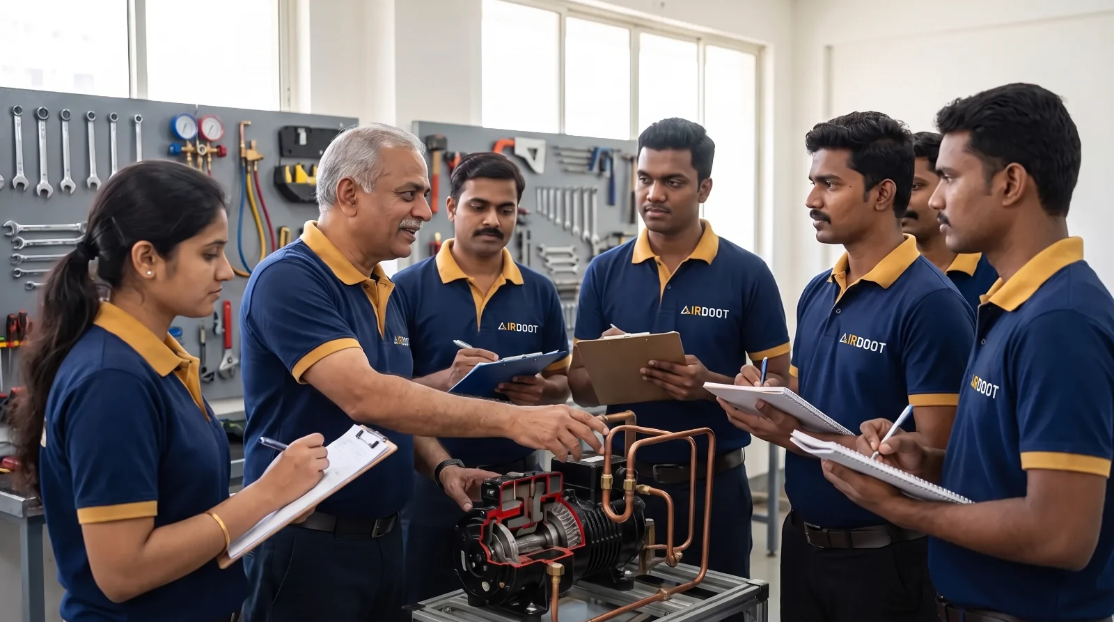 AirDoot Academy trainees learning on a compressor rig with an instructor