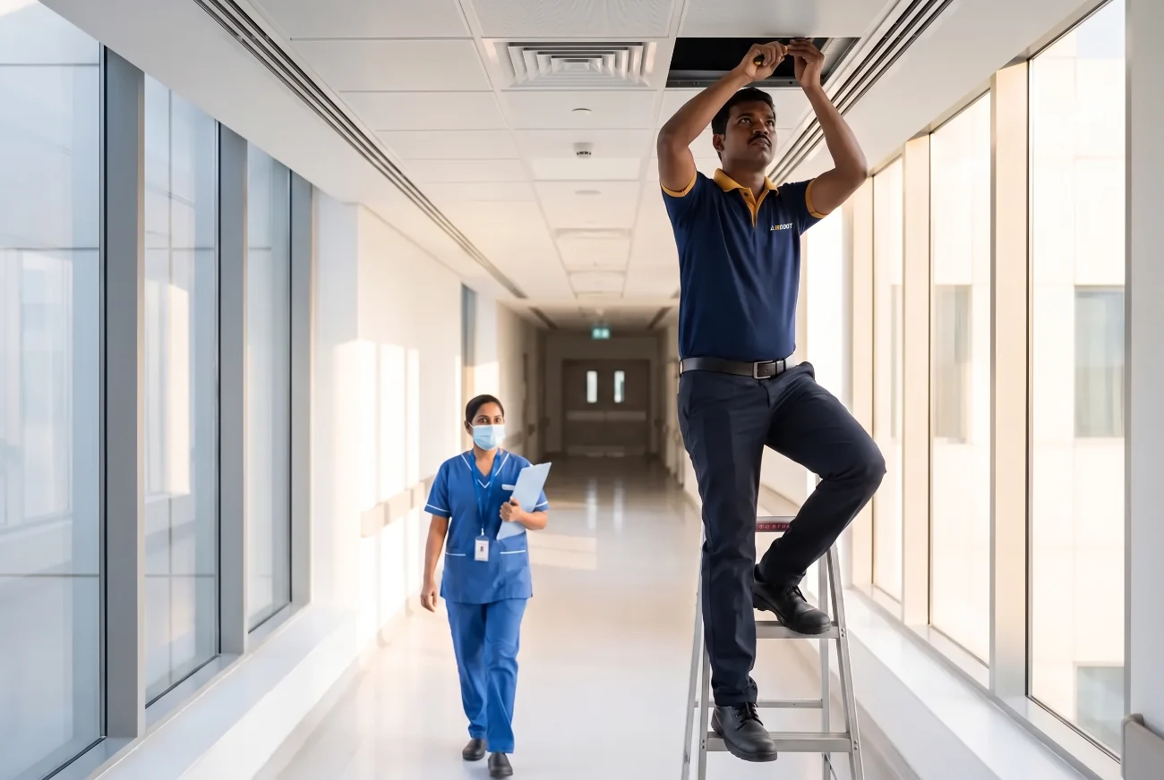 An AirDoot technician on a ladder at a ceiling AC in a hospital corridor