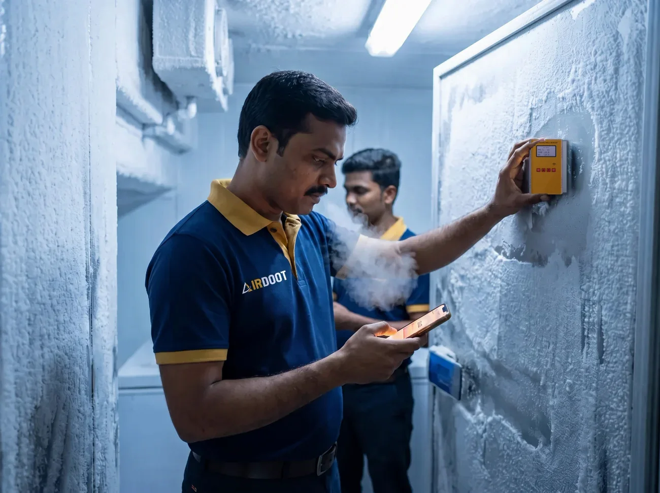 An AirDoot technician fixing the AirDoot air monitor (temperature, humidity and PM2.5, with a backlit screen) to the frosted wall of a cold room
