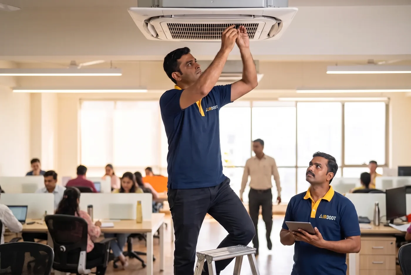 An AirDoot technician checking a cassette AC in an open-plan office