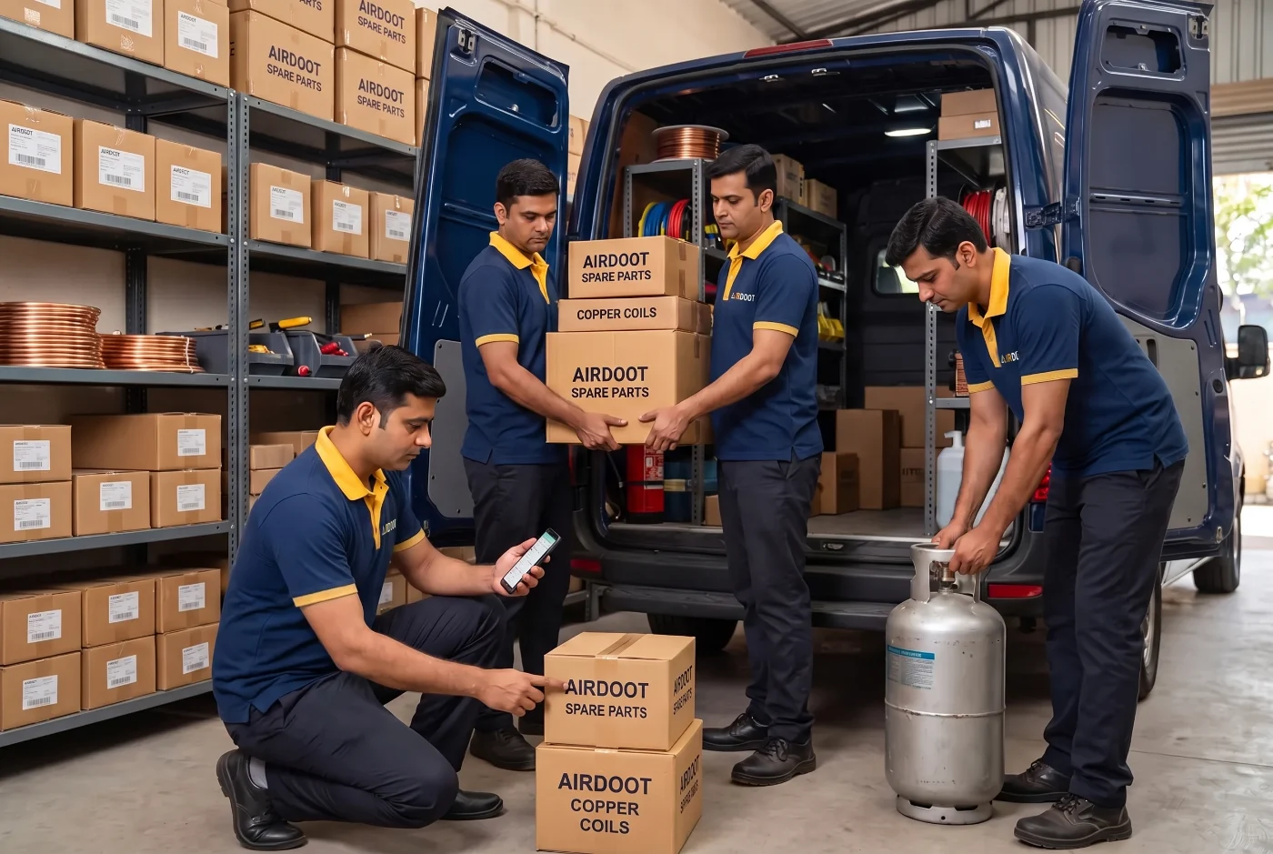 AirDoot service partners loading spare parts and a gas cylinder into a service van