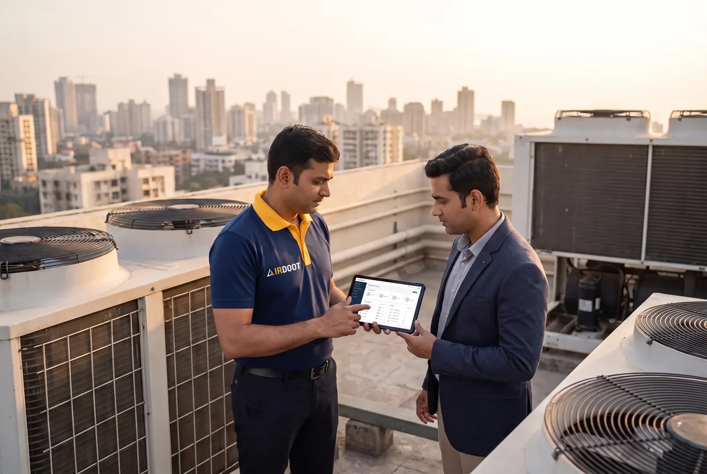 An AirDoot technician and a site manager beside rooftop cooling units