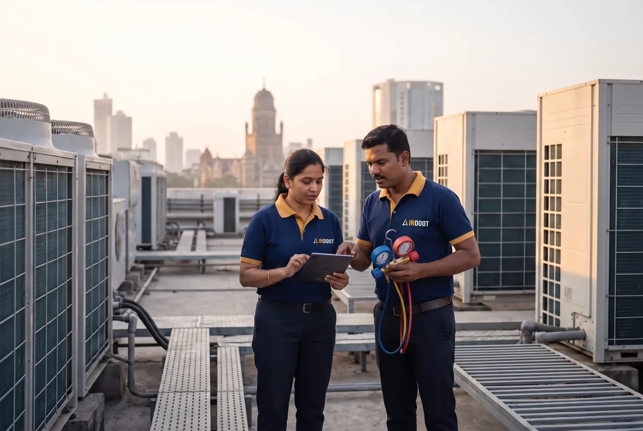 An AirDoot technician and a colleague checking readings among outdoor AC units on a rooftop