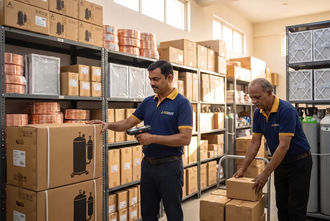 Two AirDoot staff checking boxed compressors and copper coils on warehouse shelves