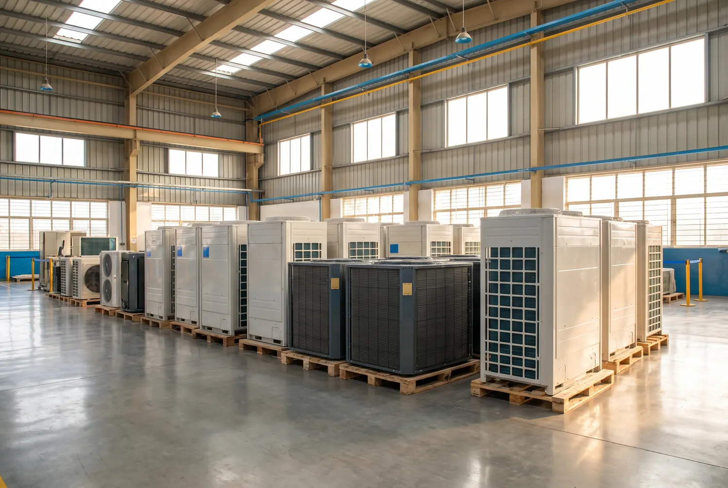Rows of commercial outdoor AC units on a factory floor