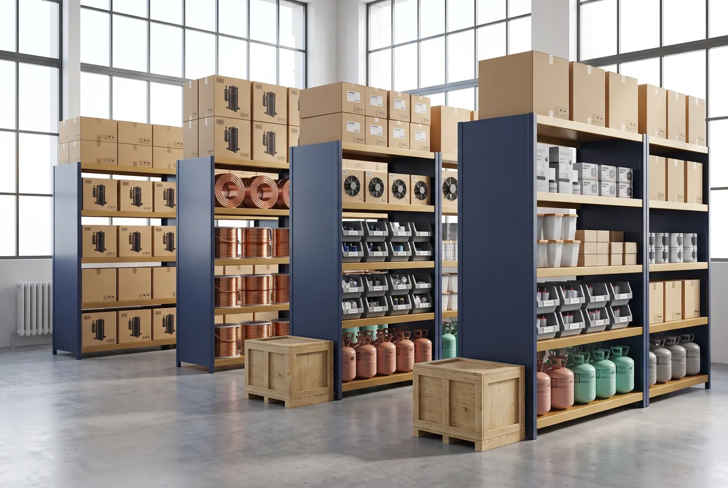 Shelves of AC spare parts, copper coils and refrigerant cylinders in a parts store