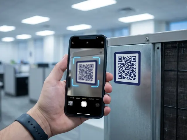 A phone scanning the QR code on the side of an AC unit