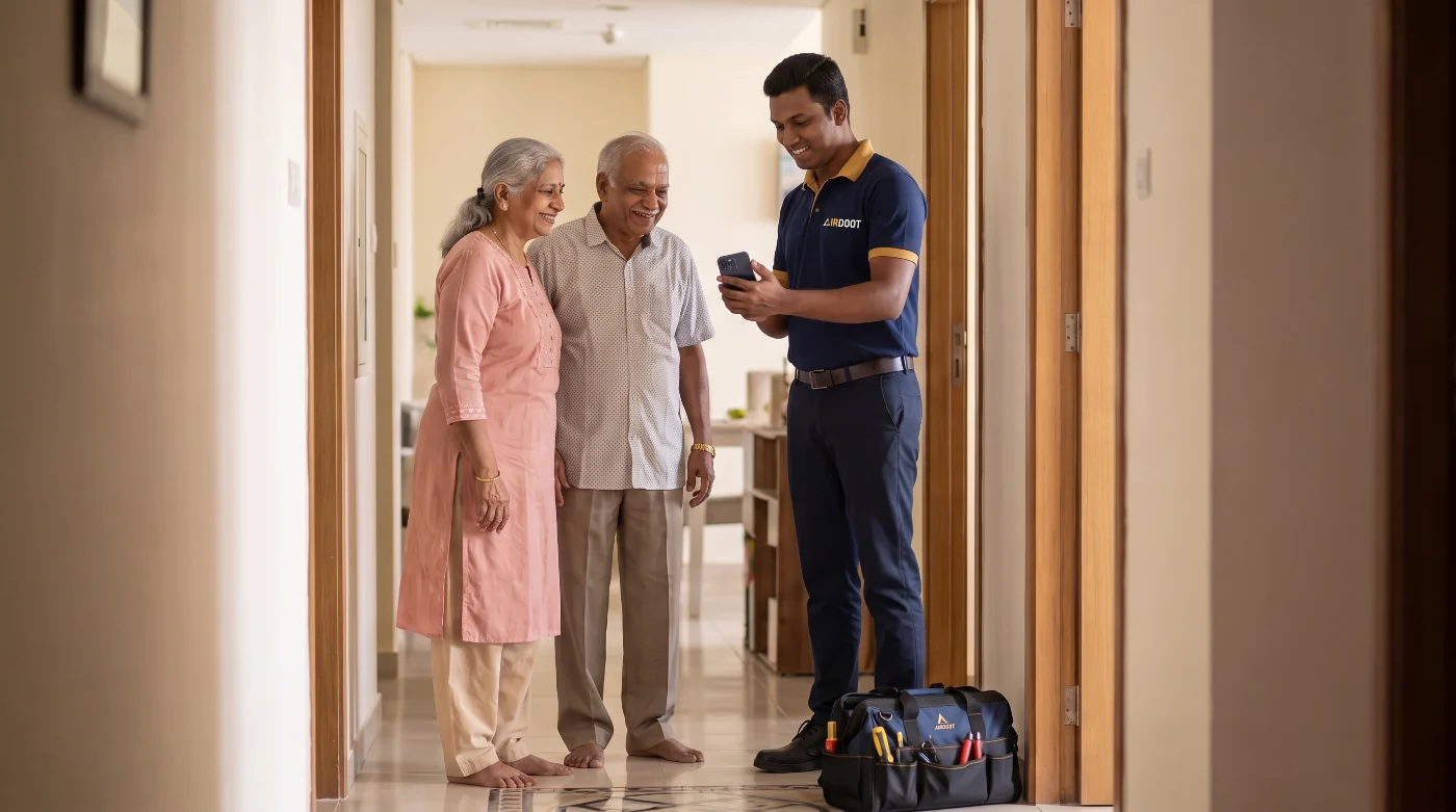 An AirDoot technician with a retired couple at their front door, after a scheduled AMC visit
